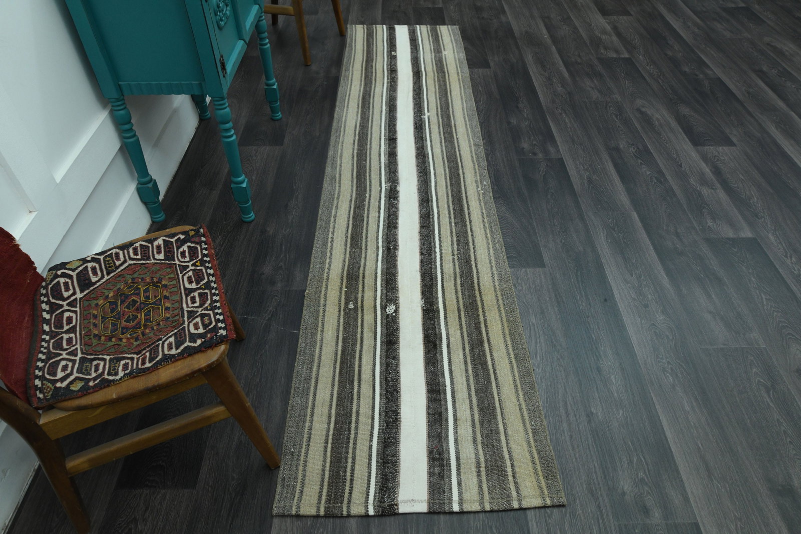 2x9 Faded Turkish Rug: Title: 2x9 Faded Turkish Rug Description: This Turkish one-of-a-kind Vintage Flatweave Kilim Rug is hand-knotted and handwoven by the most skilled artisans who use pure wool, in vibrant, natural