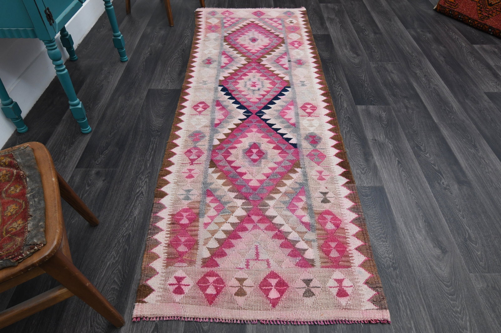 3x8.3 ft, TURKISH KILIM Runner: Title: 3x8.3 ft, TURKISH KILIM Runner Description: This Turkish one-of-a-kind Vintage Flatweave Kilim Rug is hand-knotted and handwoven by the most skilled artisans who use pure wool, in vibrant,
