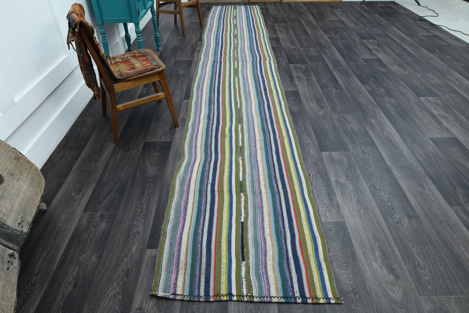 2.7x16.5 ft, HALLWAY Runner: Title: 2.7x16.5 ft, HALLWAY Runner Description: This Turkish one-of-a-kind Vintage Flatweave Kilim Rug is hand-knotted and handwoven by the most skilled artisans who use pure wool, in vibrant, natural