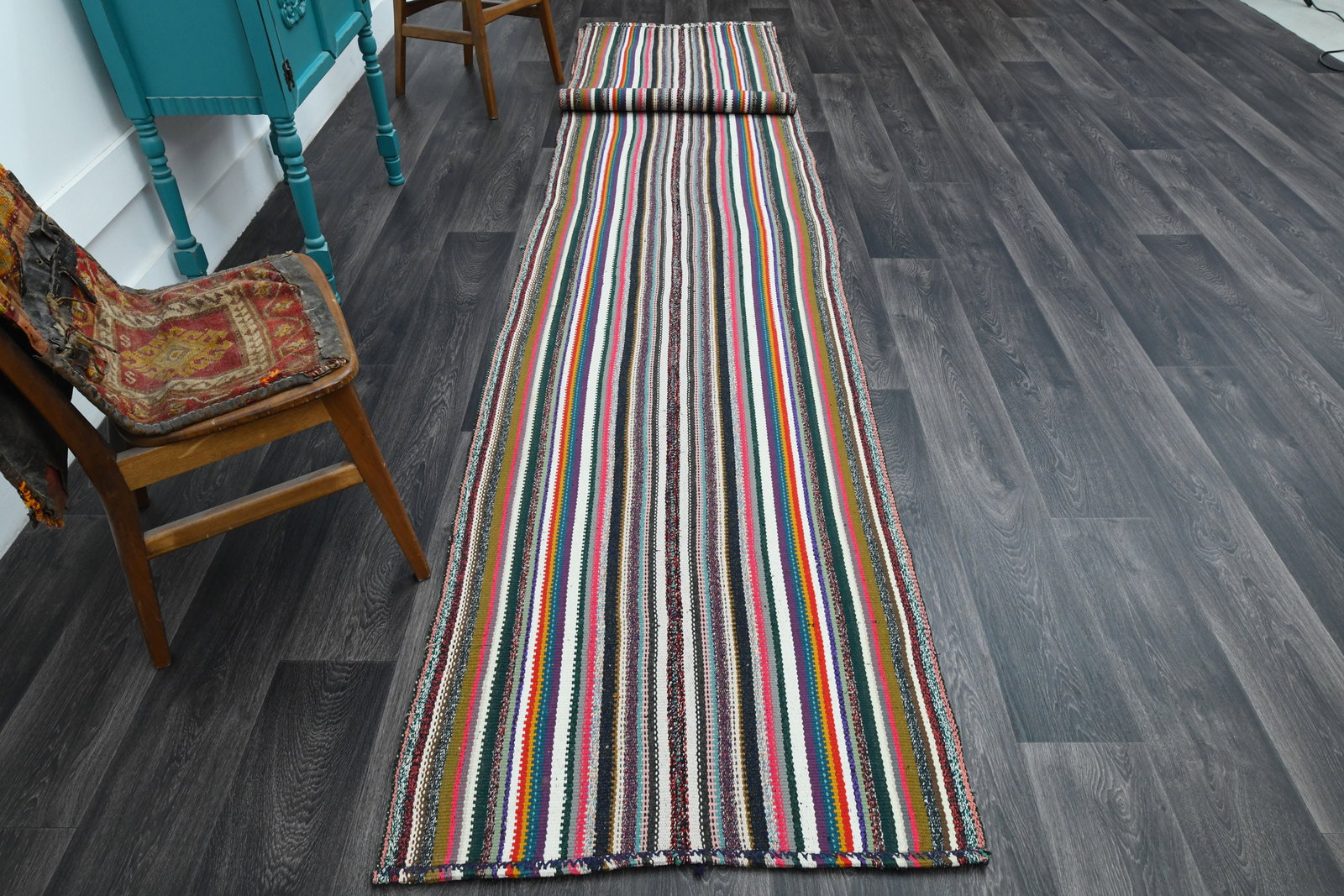 2.9x18.4 ft, HALLWAY LONG Runner: Title: 2.9x18.4 ft, HALLWAY LONG Runner Description: This Turkish one-of-a-kind Vintage Flatweave Kilim Rug is hand-knotted and handwoven by the most skilled artisans who use pure wool, in vibrant, na