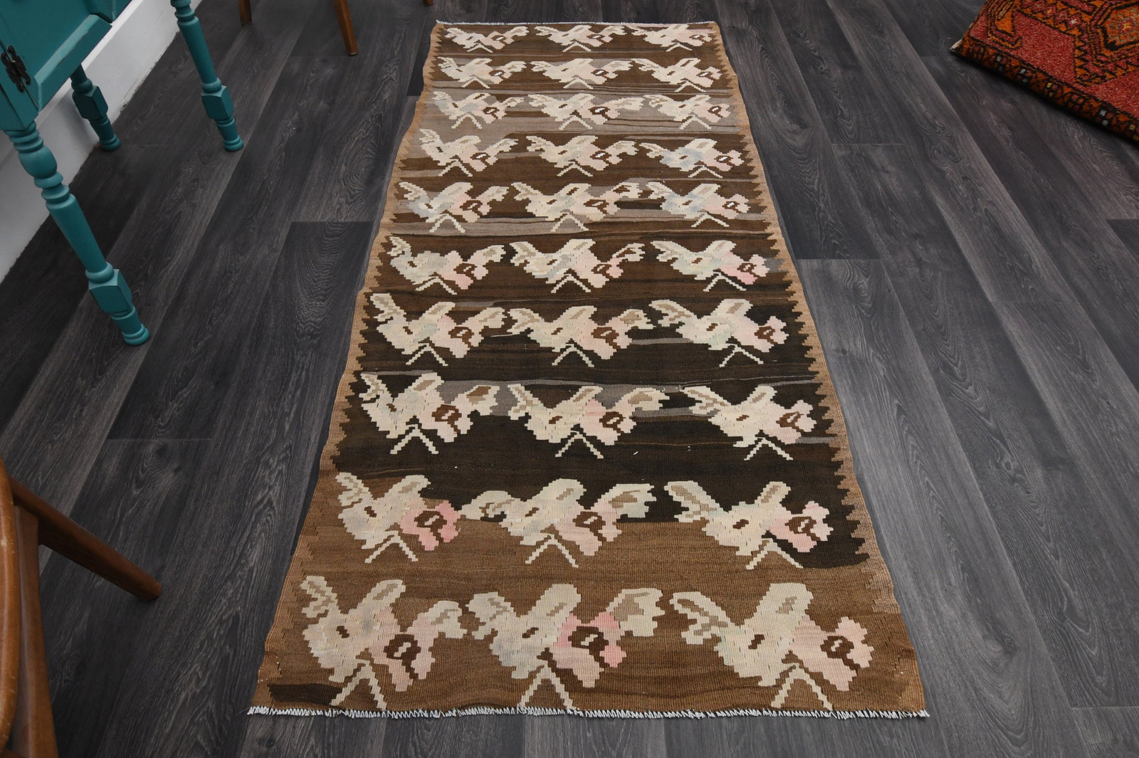3x7.5 ft, TURKISH KILIM Runner: Title: 3x7.5 ft, TURKISH KILIM Runner Description: This Turkish one-of-a-kind Vintage Flatweave Kilim Rug is hand-knotted and handwoven by the most skilled artisans who use pure wool, in vibrant, natu