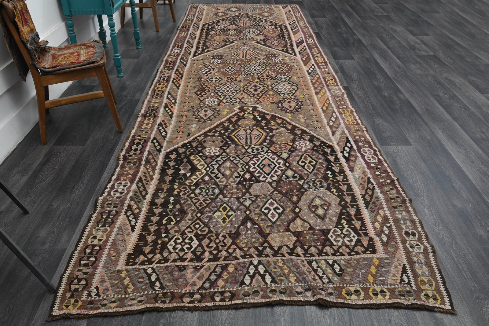 5x16 Brown Black Vintage Turkish Runner Rug - 4