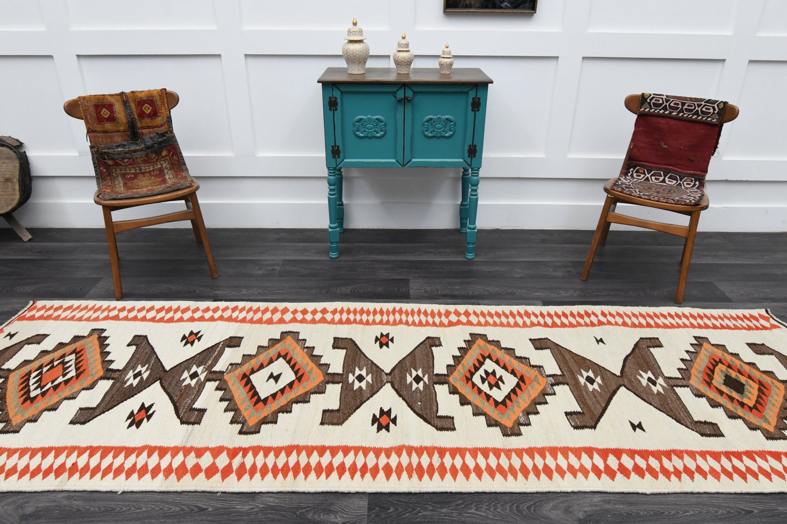 3.7x11.1 ft, White Bohemian KILIM Rug - 3