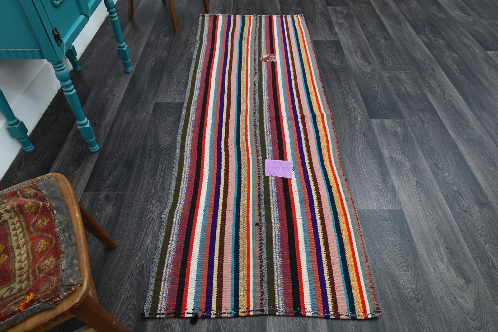 2.7x7.7 ft, TURKISH KILIM Runner: Title: 2.7x7.7 ft, TURKISH KILIM Runner Description: This Turkish one-of-a-kind Vintage Flatweave Kilim Rug is hand-knotted and handwoven by the most skilled artisans who use pure wool, in vibrant, na
