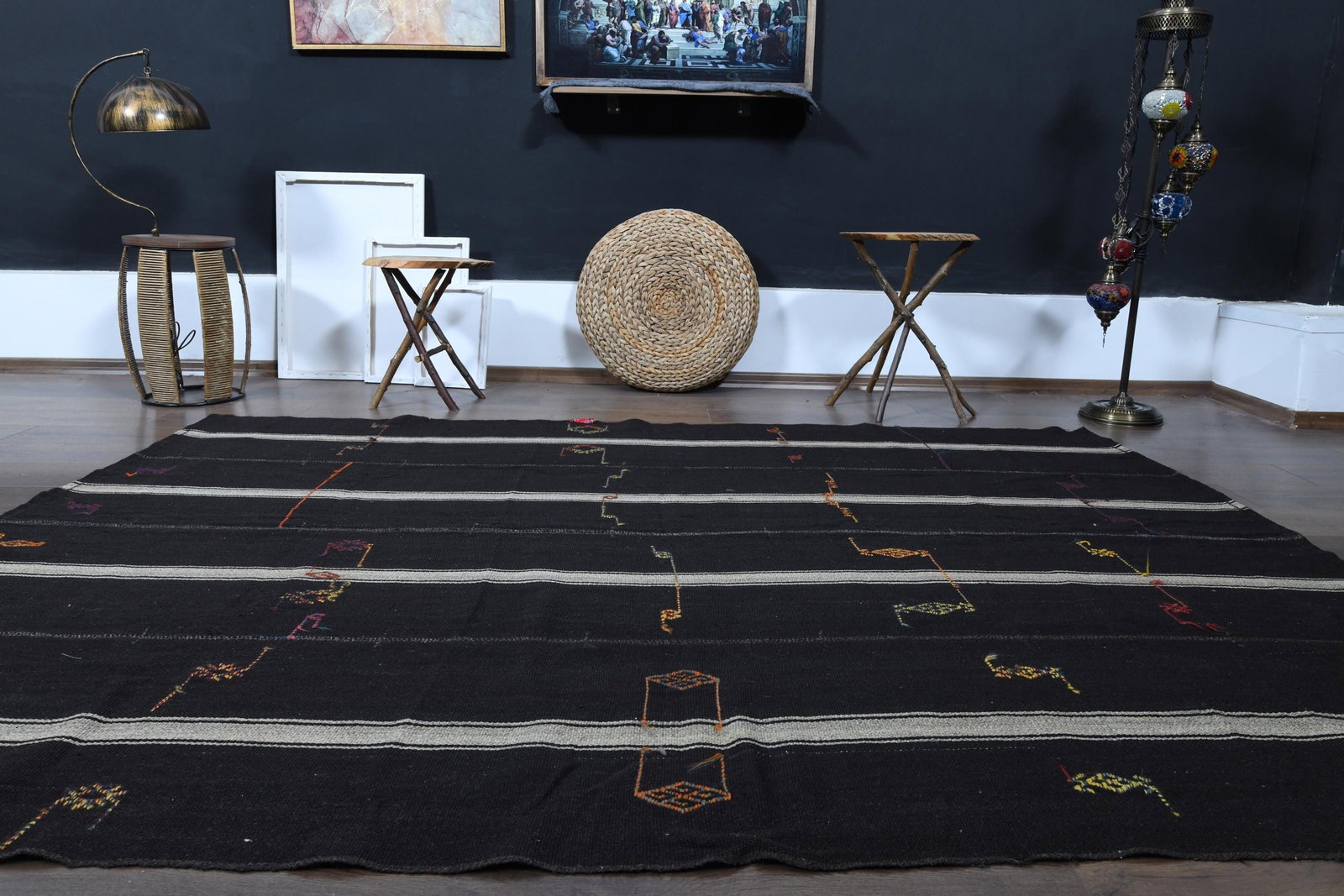 6'4x8'5 ft, BLACK STRIPED RUG - 8