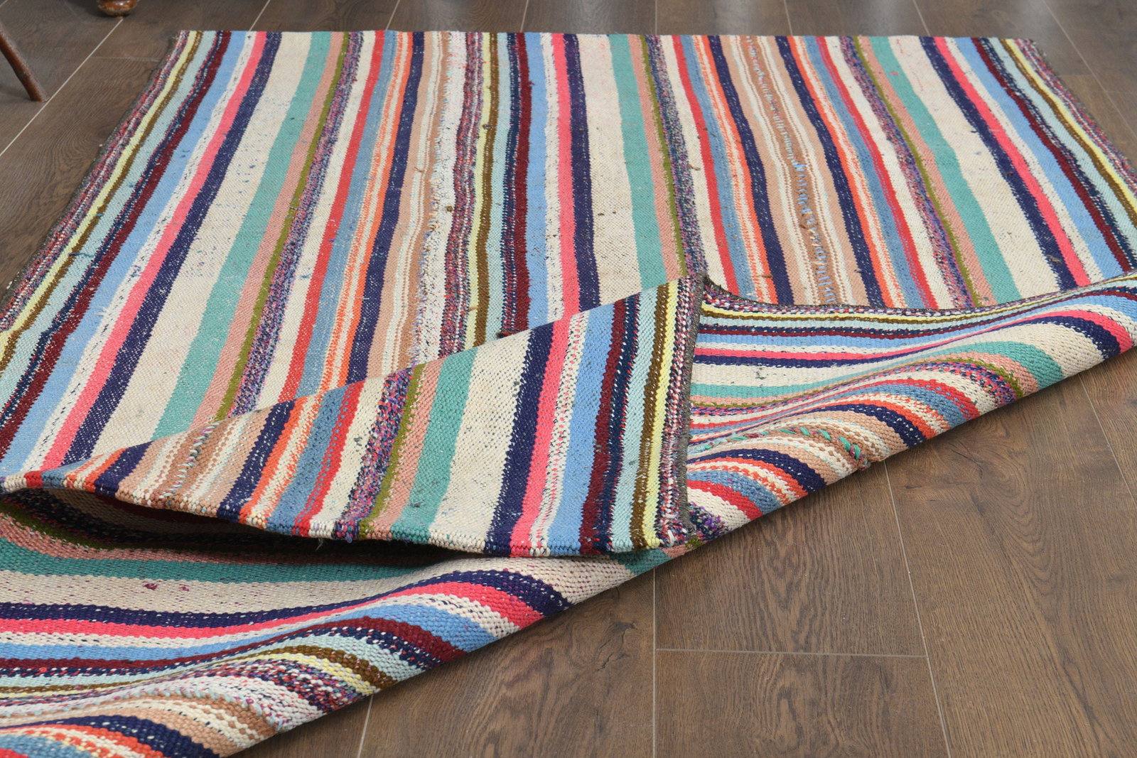3'9x6'9 ft, COLORFUL TURKISH RUG: Title: 3'9x6'9 ft, COLORFUL TURKISH RUG Description: This Turkish one-of-a-kind Vintage Flatweave Kilim Rug is hand-knotted and handwoven by the most skilled artisans who use pure wool, in vibrant,