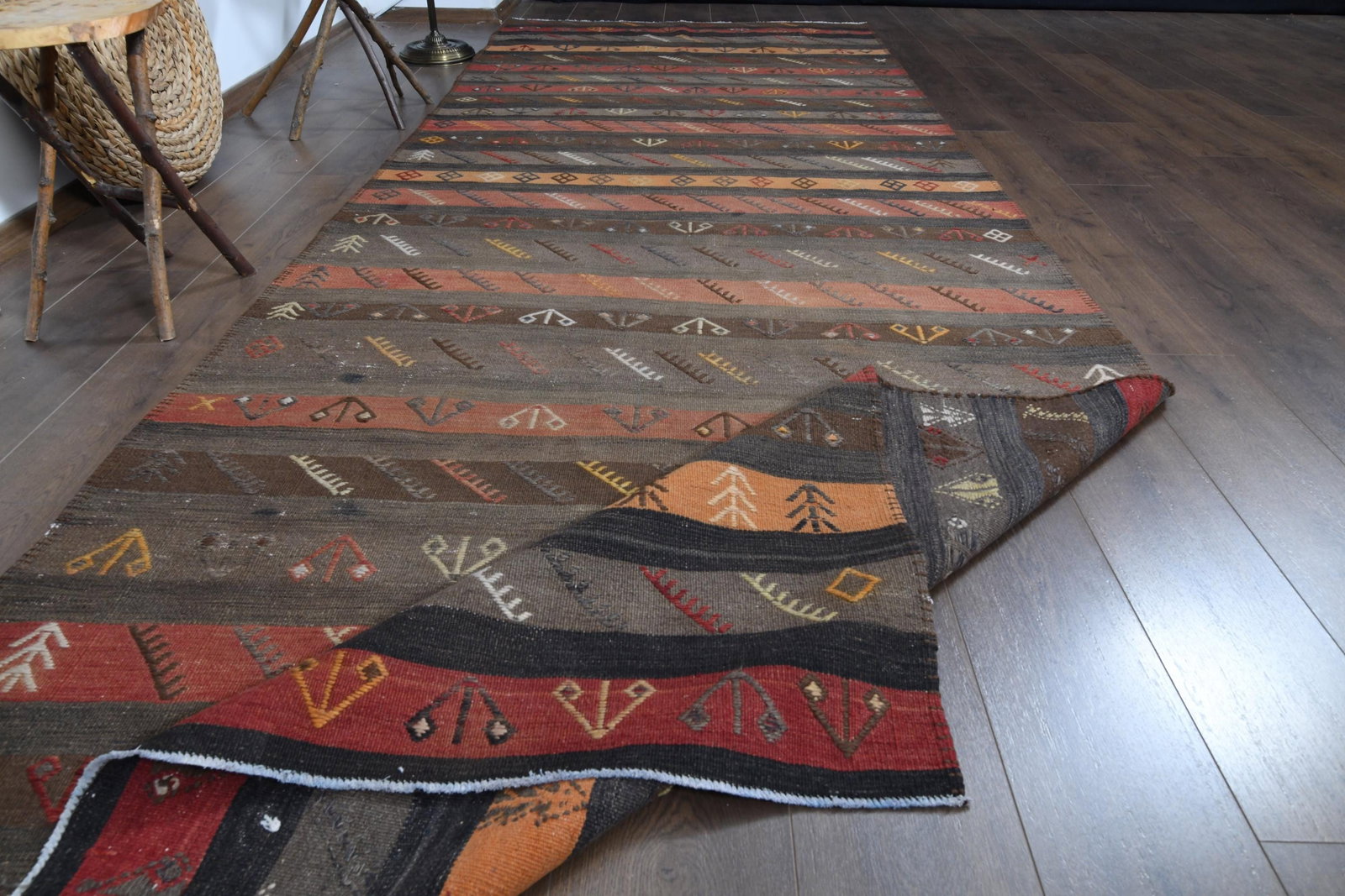 4'7x13'1 ft, COLORFUL KILIM RUNNER: Title: 4'7x13'1 ft, COLORFUL KILIM RUNNER Description: This Turkish one-of-a-kind Vintage Flatweave Kilim Rug is hand-knotted and handwoven by the most skilled artisans who use pure wool, in vibrant, 