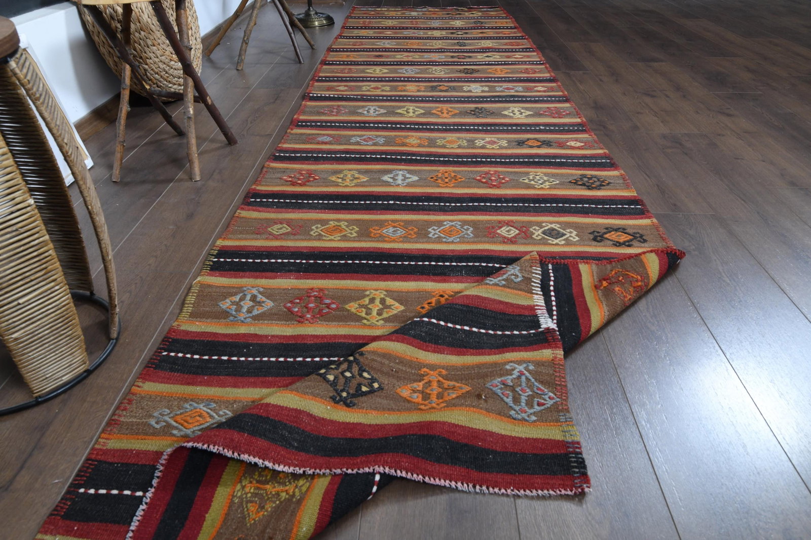 3'2x12 ft, COLORFUL KILIM RUNNER: Title: 3'2x12 ft, COLORFUL KILIM RUNNER Description: This Turkish one-of-a-kind Vintage Flatweave Kilim Rug is hand-knotted and handwoven by the most skilled artisans who use pure wool, in vibrant, na