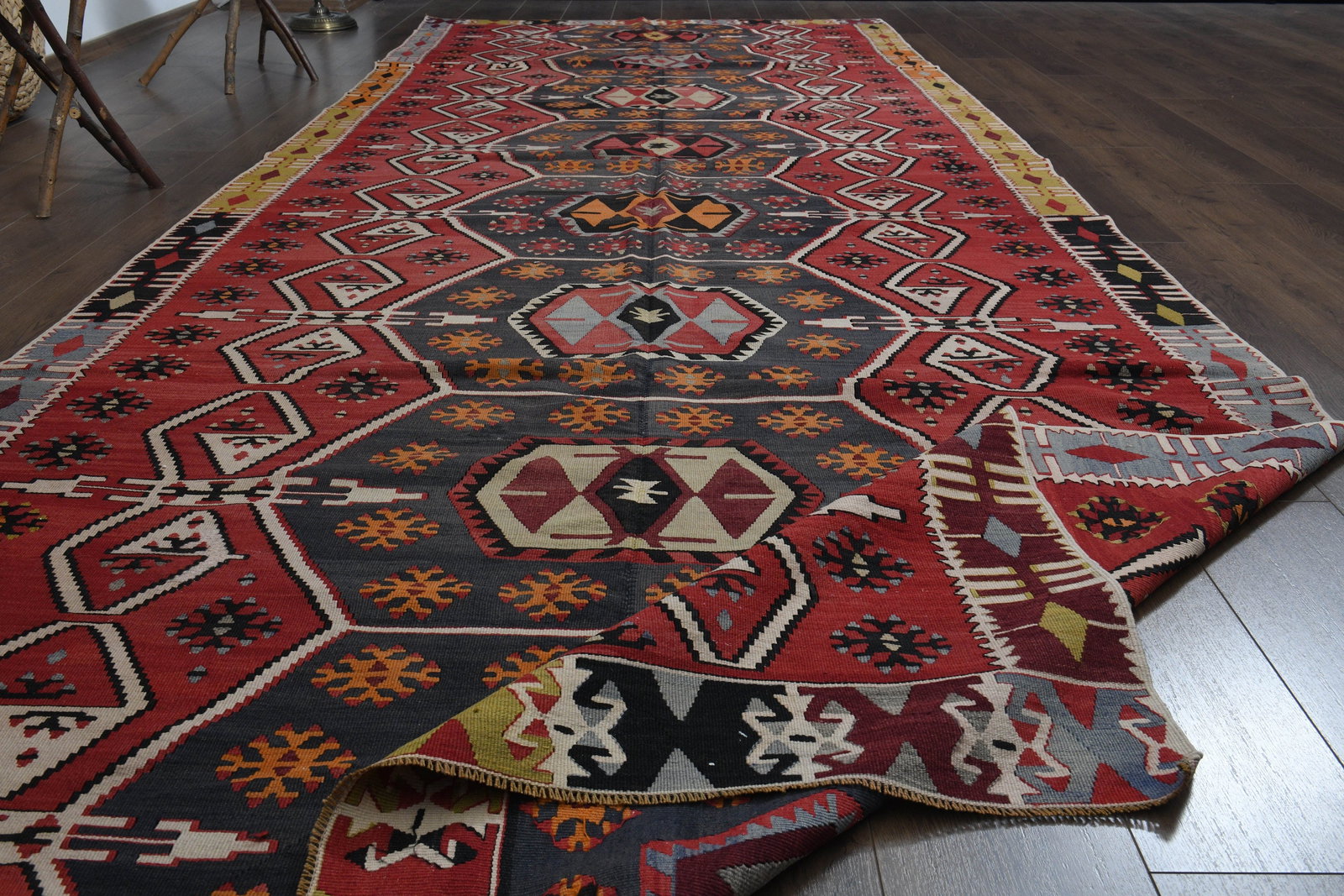 5.6x15.1 ft, RED KILIM RUNNER: Title: 5.6x15.1 ft, RED KILIM RUNNER Description: This Turkish one-of-a-kind Vintage Flatweave Kilim Rug is hand-knotted and handwoven by the most skilled artisans who use pure wool, in vibrant, natur