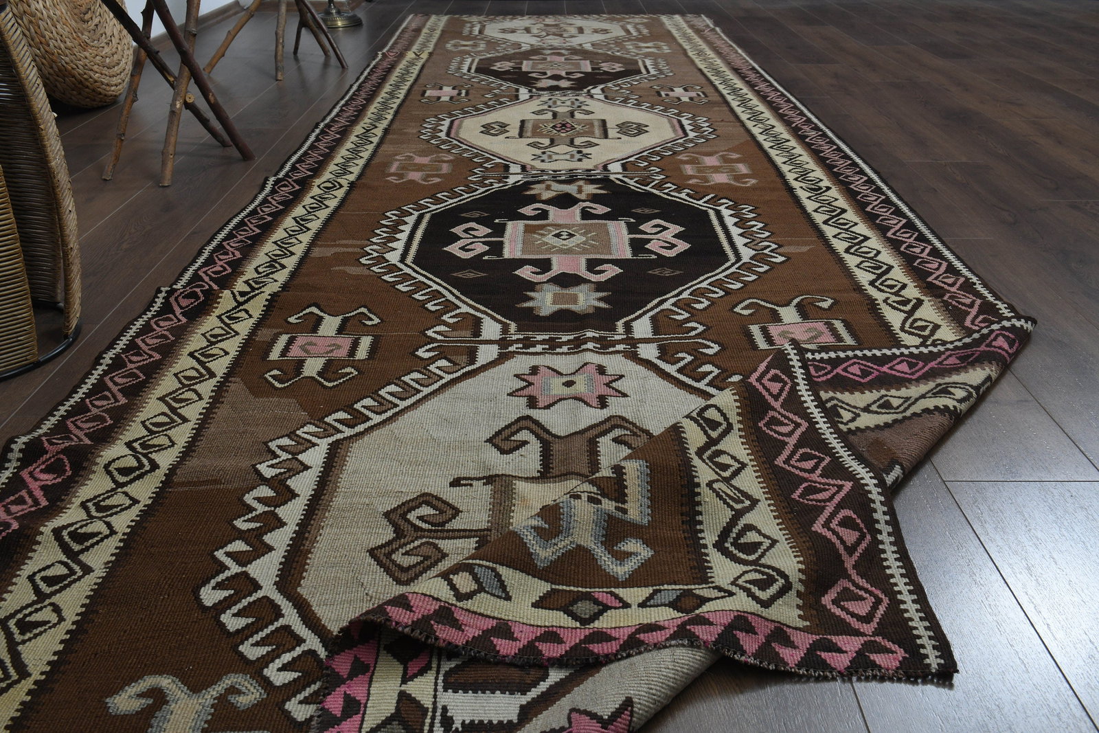 4'6x14'5 ft, BROWN BEIGE RUG: Title: 4'6x14'5 ft, BROWN BEIGE RUG Description: This Turkish one-of-a-kind Vintage Flatweave Kilim Rug is hand-knotted and handwoven by the most skilled artisans who use pure wool, in vibrant, natura