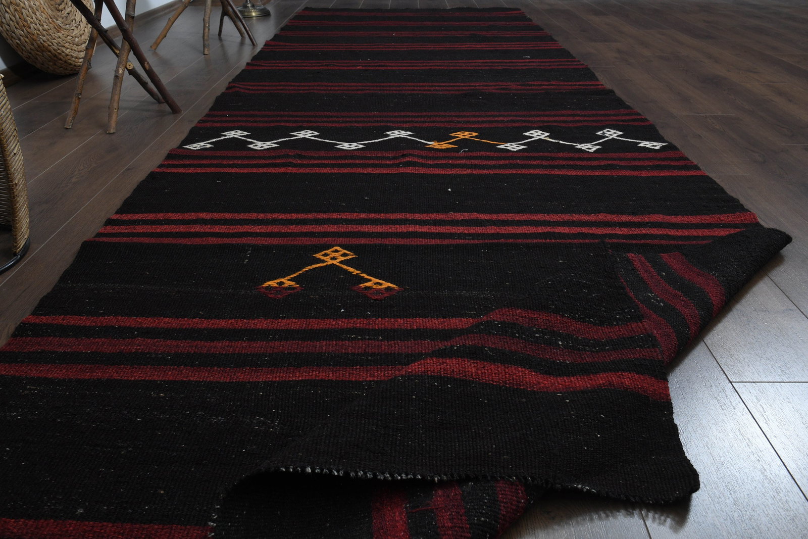 4'4x13'8 ft, STRIPED KILIM RUNNER: Title: 4'4x13'8 ft, STRIPED KILIM RUNNER Description: This Turkish one-of-a-kind Vintage Flatweave Kilim Rug is hand-knotted and handwoven by the most skilled artisans who use pure wool, in vibrant, n