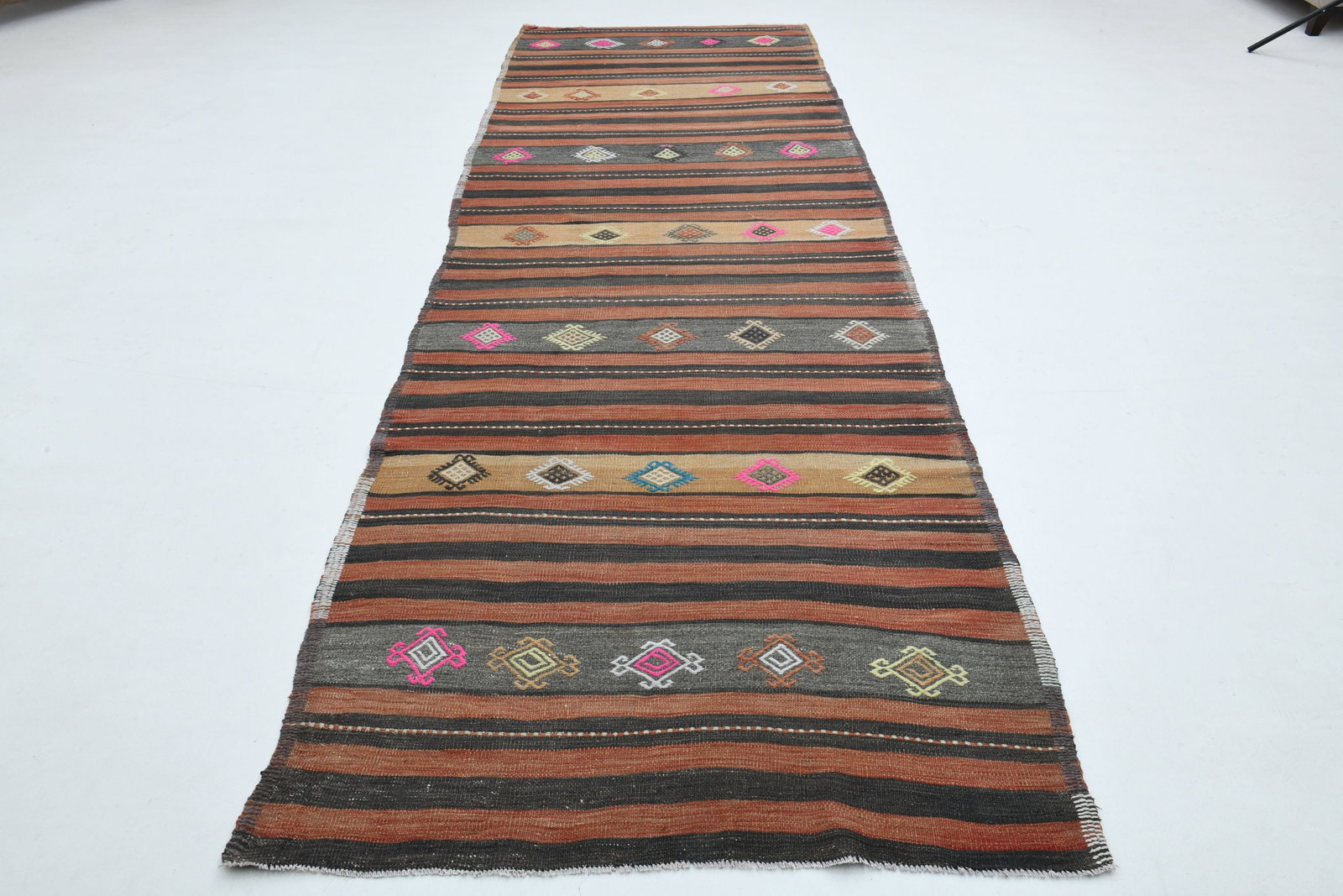 4.1x12.3 ft, TURKISH RUNNER RUG: Title: 4.1x12.3 ft, TURKISH RUNNER RUG Description: This Turkish one-of-a-kind Vintage Flatweave Kilim Rug is hand-knotted and handwoven by the most skilled artisans who use pure wool, in vibrant, nat