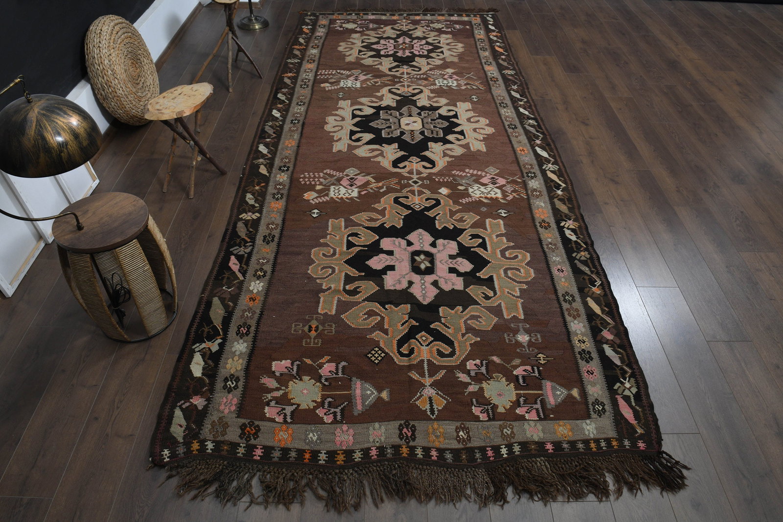 5.7x13.2 ft, BROWN KILIM RUNNER: Title: 5.7x13.2 ft, BROWN KILIM RUNNER Description: This Turkish one-of-a-kind Vintage Flatweave Kilim Rug is hand-knotted and handwoven by the most skilled artisans who use pure wool, in vibrant,