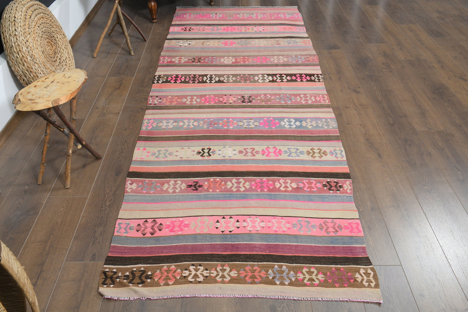 3'7x10'3 ft, SWEET DREAMS, Pink Deco: Title: 3'7x10'3 ft, SWEET DREAMS, Pink Deco Description: This Turkish one-of-a-kind Vintage Flatweave Kilim Rug is hand-knotted and handwoven by the most skilled artisans who use pure wool, in