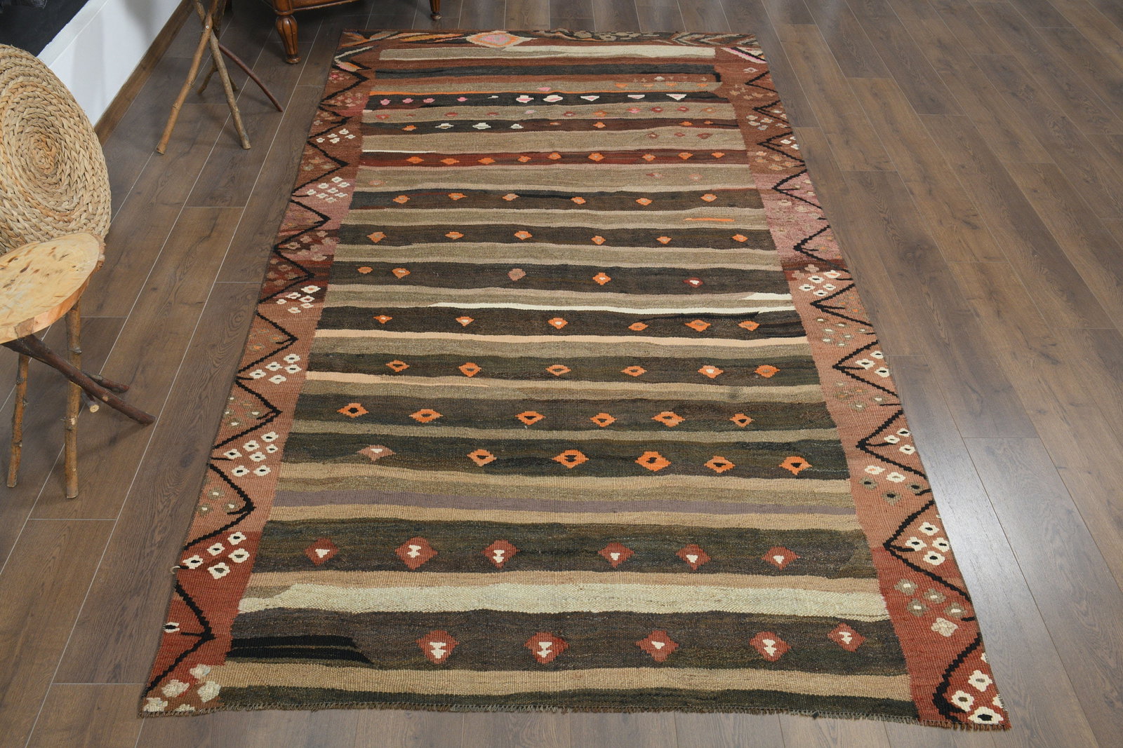 5'5x9'7 ft, BROWN STRIPED KILIM: Title: 5'5x9'7 ft, BROWN STRIPED KILIM Description: This Turkish one-of-a-kind Vintage Flatweave Kilim Rug is hand-knotted and handwoven by the most skilled artisans who use pure wool, in vibrant,