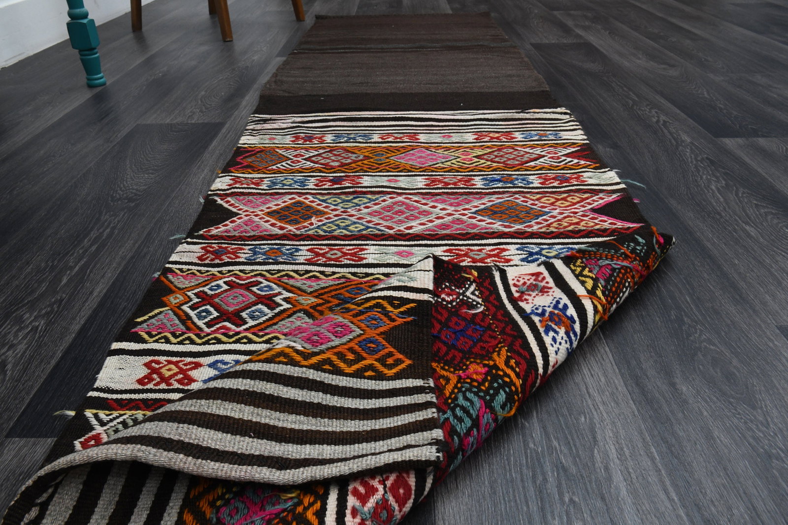 2.3x8.5 ft, TURKISH Runner: Title: 2.3x8.5 ft, TURKISH Runner Description: This Turkish one-of-a-kind Vintage Flatweave Kilim Rug is hand-knotted and handwoven by the most skilled artisans who use pure wool, in vibrant, natural