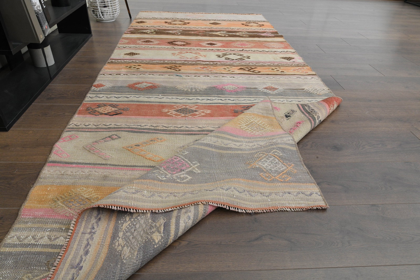 3'8x9'3 ft, ORANGE PINK BROWN: Title: 3'8x9'3 ft, ORANGE PINK BROWN Description: This Turkish one-of-a-kind Vintage Flatweave Kilim Rug is hand-knotted and handwoven by the most skilled artisans who use pure wool, in vibrant,