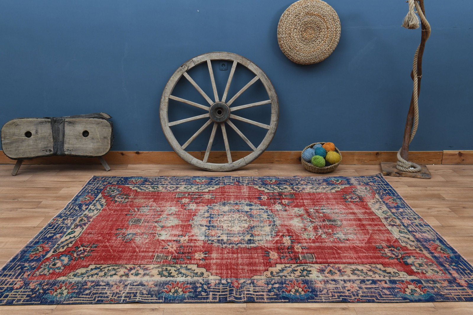 6'1x9'2 ft, RED TURKISH RUG: Title: 6'1x9'2 ft, RED TURKISH RUG Description: This Turkish one-of-a-kind Vintage Turkish Rug is hand-knotted and handwoven by the most skilled artisans who use pure wool, in muted, natural tones, an