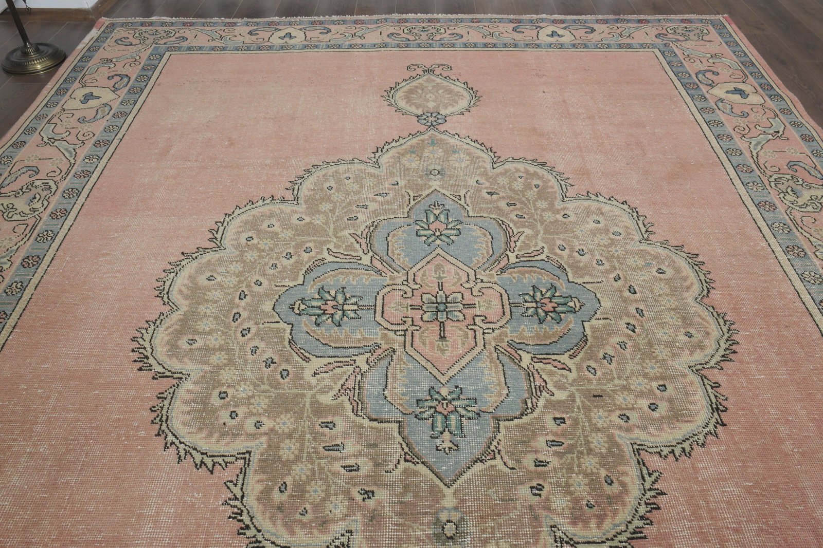 9.5x12.2 ft, PINK OVERSIZED RUG: Title: 9.5x12.2 ft, PINK OVERSIZED RUG Description: This Turkish one-of-a-kind Anatolian Vintage Rug is hand-knotted and handwoven by the most skilled artisans who use pure wool, in muted, natural