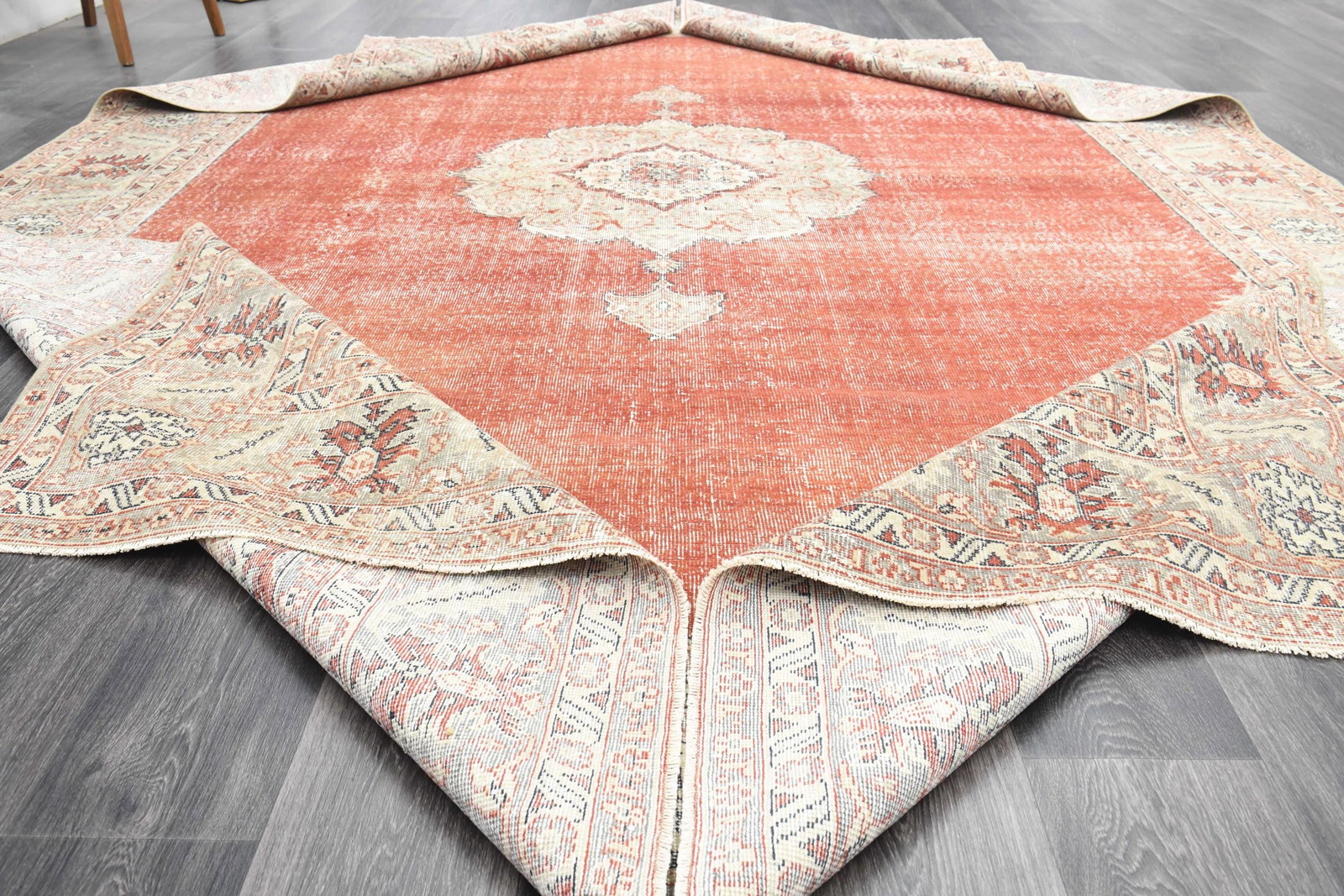 8.6x11.5 ft, ORANGE BEIGE TURKISH: Title: 8.6x11.5 ft, ORANGE BEIGE TURKISH Description: This Turkish one-of-a-kind Anatolian Vintage Rug is hand-knotted and handwoven by the most skilled artisans who use pure wool, in muted, natural