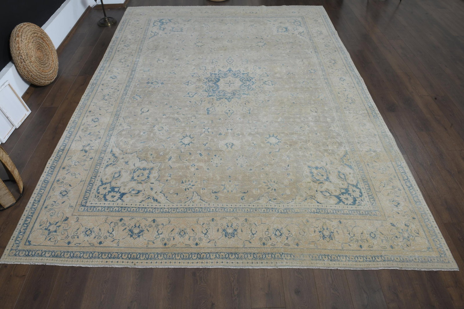 9.4x13.1 ft, NEUTRAL MINIMALIST RUG: Title: 9.4x13.1 ft, NEUTRAL MINIMALIST RUG Description: This Turkish one-of-a-kind Anatolian Vintage Rug is hand-knotted and handwoven by the most skilled artisans who use pure wool, in muted, natural