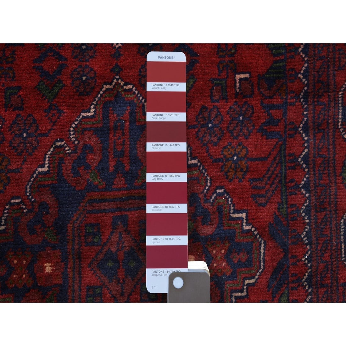 Red Afghan Khamyab Pure Wool With Geometric Design Hand Knotted Rug - 3