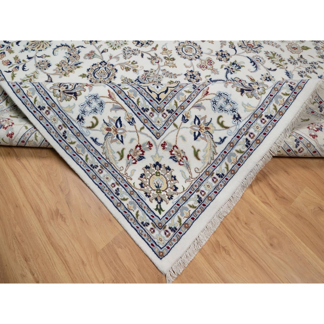 Pearl White Hand Knotted Nain with Flower Medallion Motif 250 KPSI Rug - 6