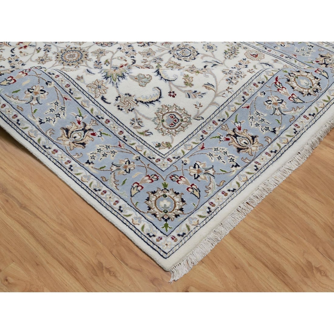 White Nain with All Over Flower Design Wool and Silk Hand Knotted Rug - 6