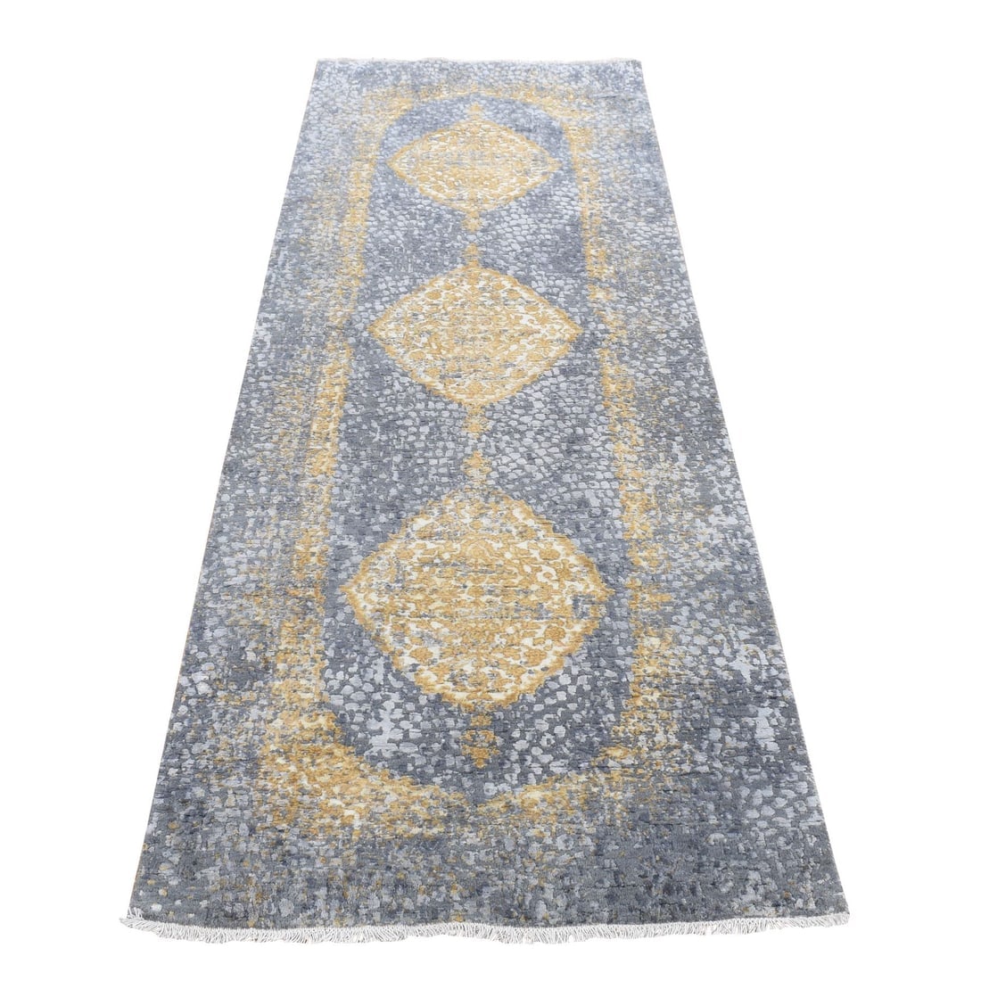 Gray, Persian Design, Wool and Pure Silk, Hand Knotted Runner Rug: Title: Gray, Persian Design, Wool and Pure Silk, Hand Knotted Runner Rug Description:This is a truly genuine one-of-a-kind. It has been Knotted for months and months in the centuries-old weaving