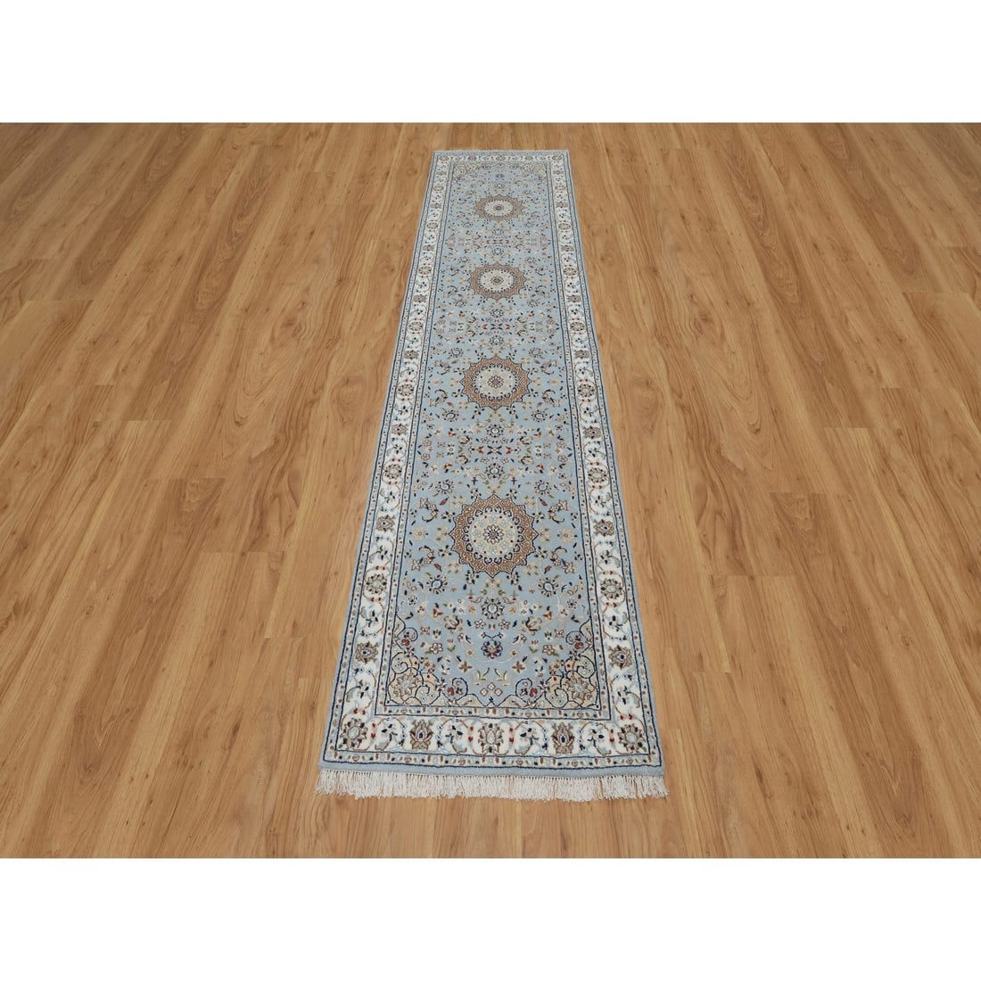 Blue 250 KPSI Hand Knotted Nain Floral Medallion Wool and Silk Rug - 2