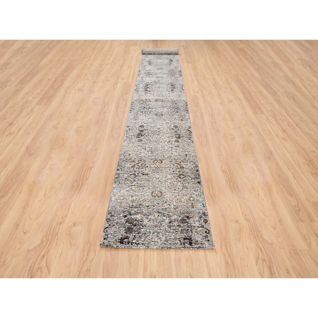 Gray Hand Knotted Transitional Silk with Textured Wool XL Runner Rug - 2