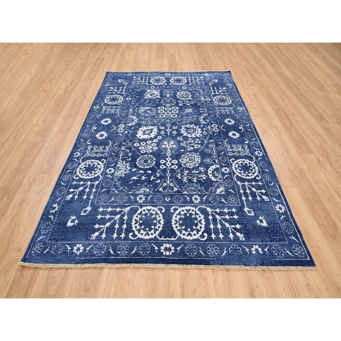 Tone On Tone Tabriz Hand Knotted Wool and Silk Denim Blue Oriental Rug - 2