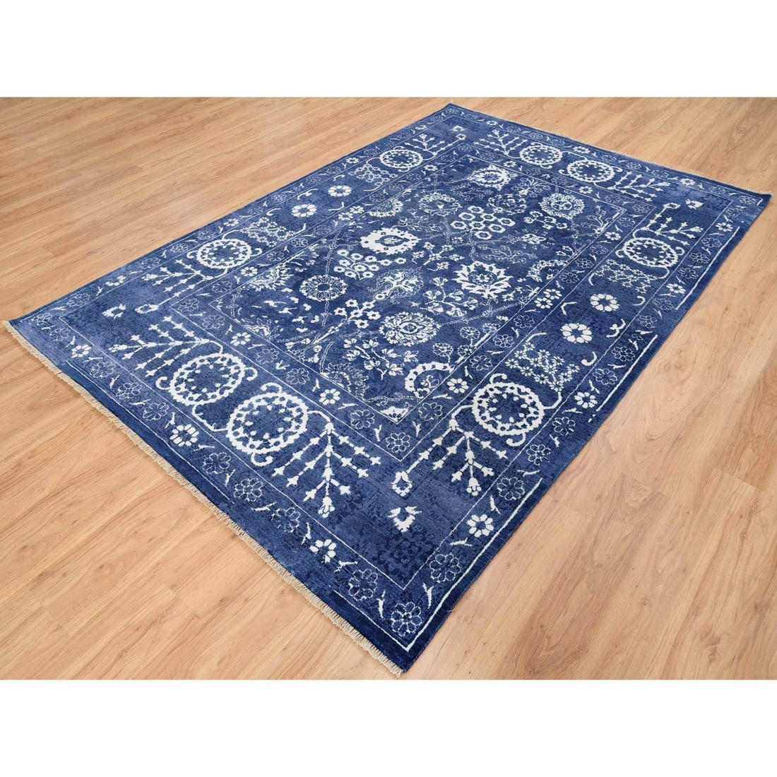 Tone On Tone Tabriz Hand Knotted Wool and Silk Denim Blue Oriental Rug - 3