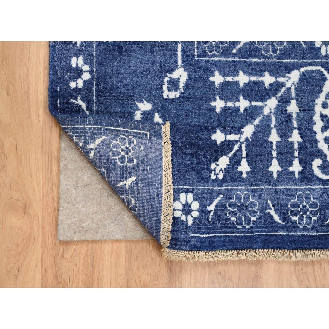 Tone On Tone Tabriz Hand Knotted Wool and Silk Denim Blue Oriental Rug - 4