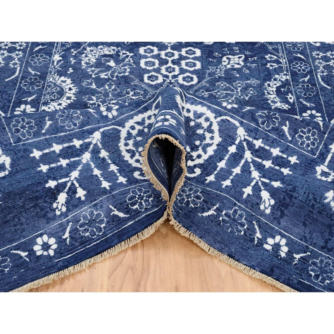 Tone On Tone Tabriz Hand Knotted Wool and Silk Denim Blue Oriental Rug - 5