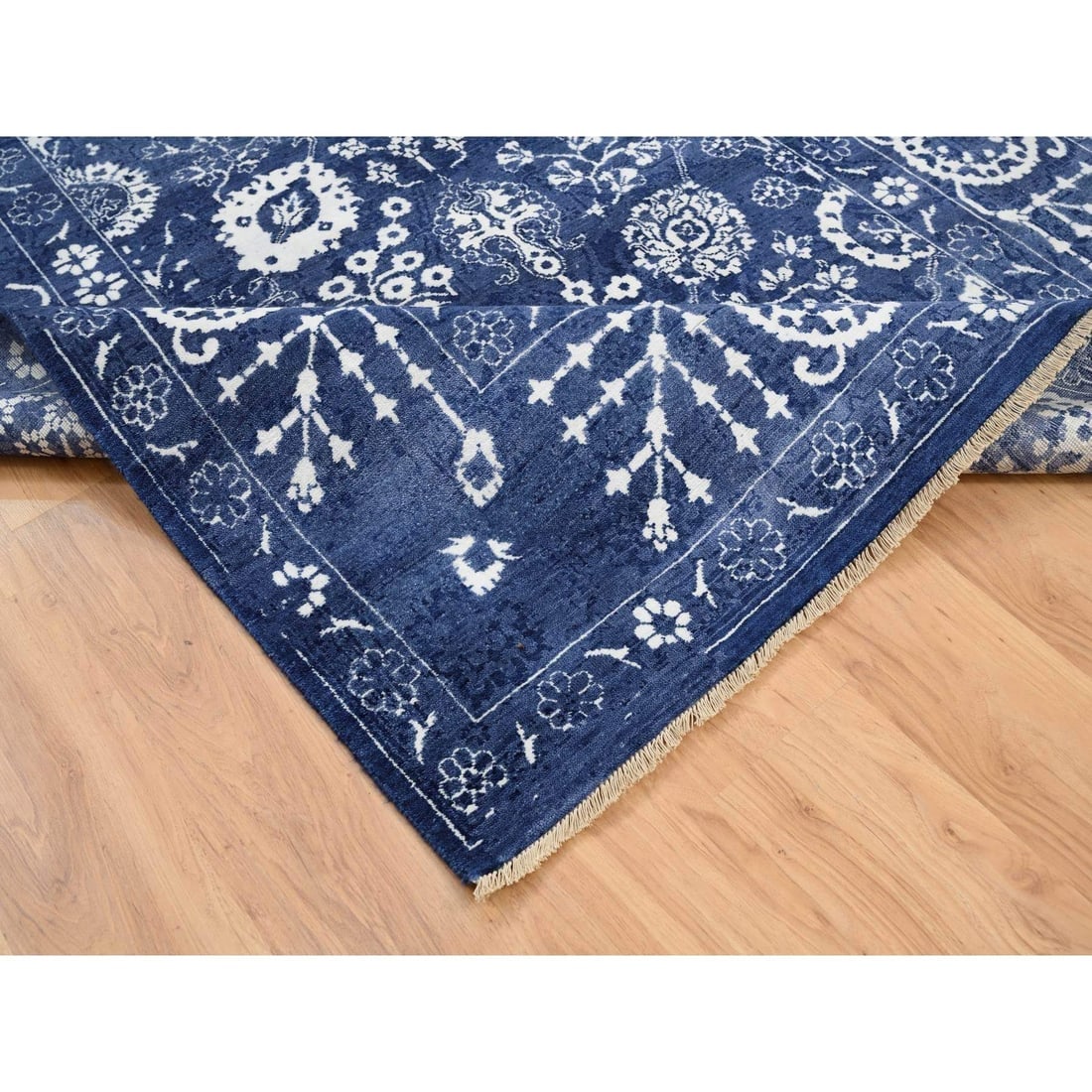 Tone On Tone Tabriz Hand Knotted Wool and Silk Denim Blue Oriental Rug - 6