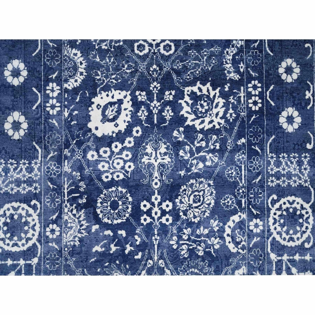 Tone On Tone Tabriz Hand Knotted Wool and Silk Denim Blue Oriental Rug - 8