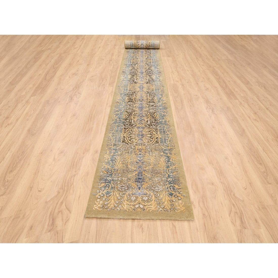 Gold Brown Hand Knotted, Silk With Textured Wool, XL Runner Rug - 2