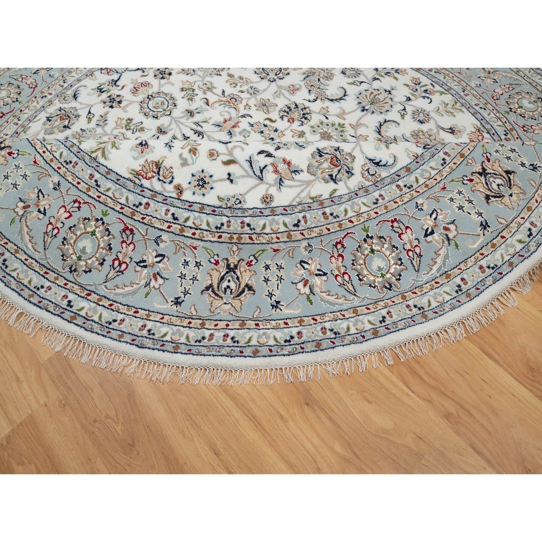 White 250 KPSI Nain with All Over Floral Design Wool and Silk Round Rug - 6