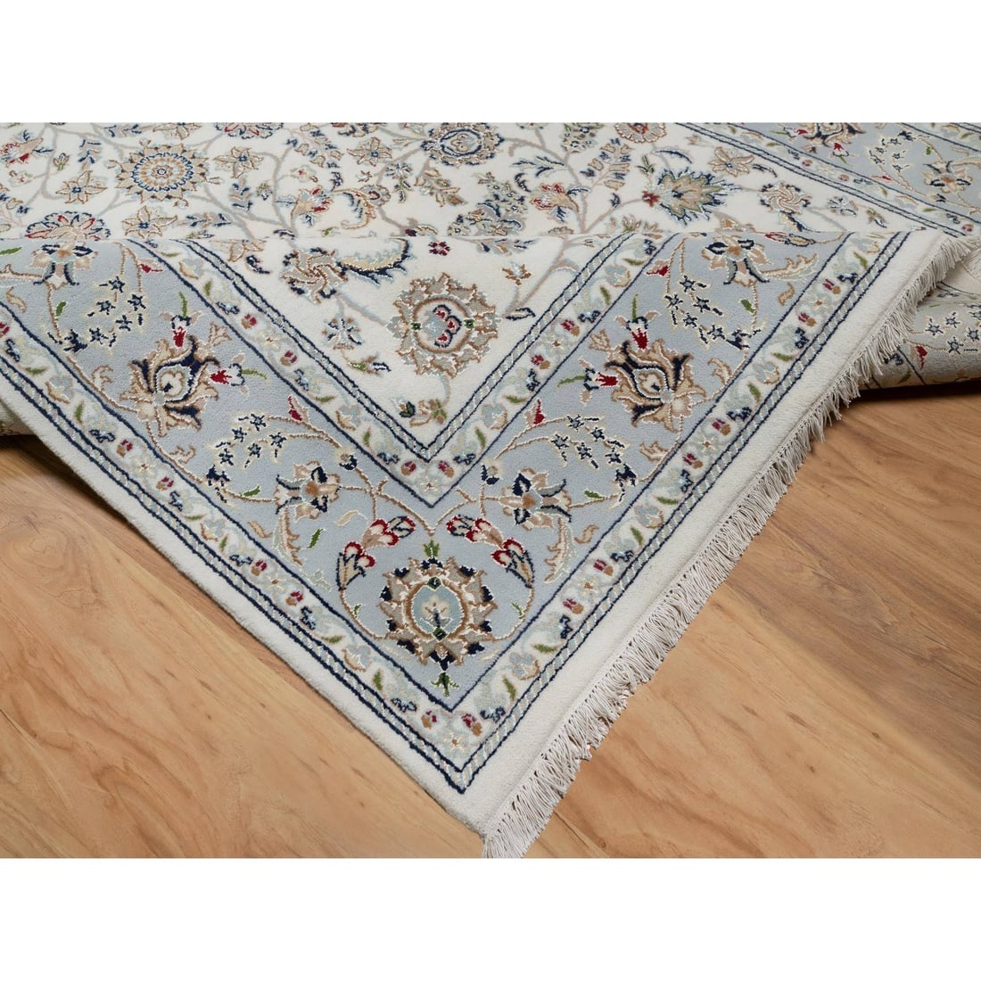 White Nain with All Over Flower Design Wool and Silk Hand Knotted Rug - 6