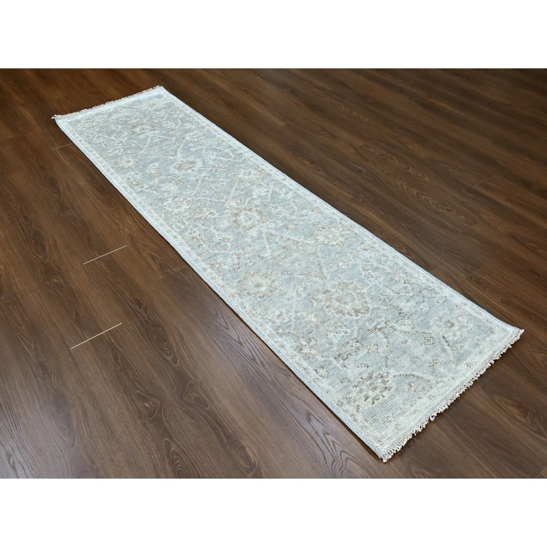 Gray Oushak Design Supple Collection Hand Knotted Pure Wool Runner Rug - 2