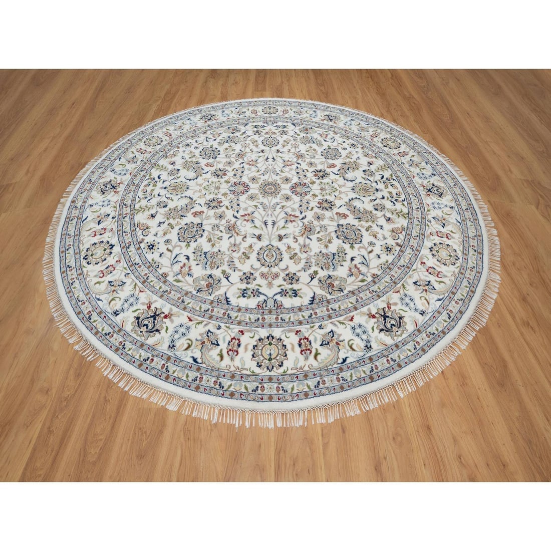 White Nain with Floral Design Hand Knotted Wool and Silk Round Rug - 2