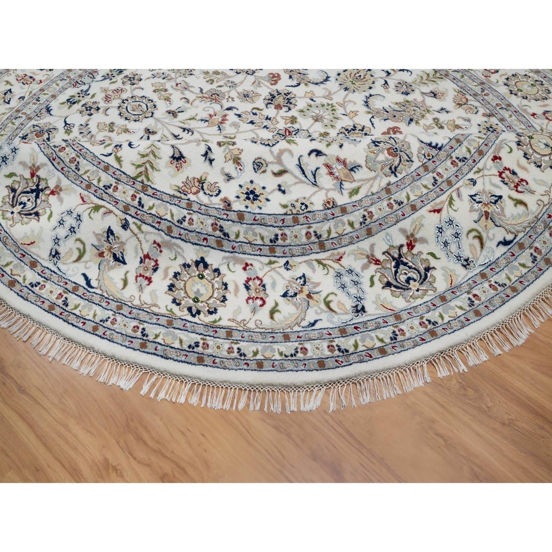 White Nain with Floral Design Hand Knotted Wool and Silk Round Rug - 6