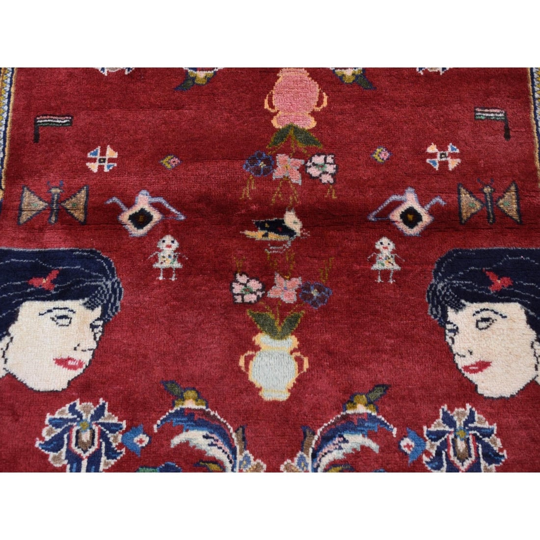 Fire Brick Red, Persian Ardabil, Pure Wool Hand Knotted Rug - 6