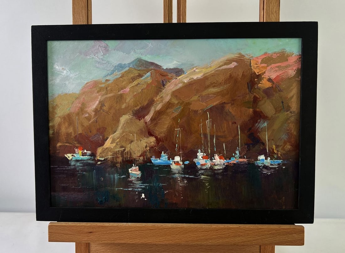 Oil painting Sails against the backdrop of mountains Yuriy Suprunchuk: NoAAA5536The Oil painting on Cardboard titled "Sails against the backdrop of mountains" captures a striking juxtaposition between the grandeur of nature and the delicate presence of human endeavor. In