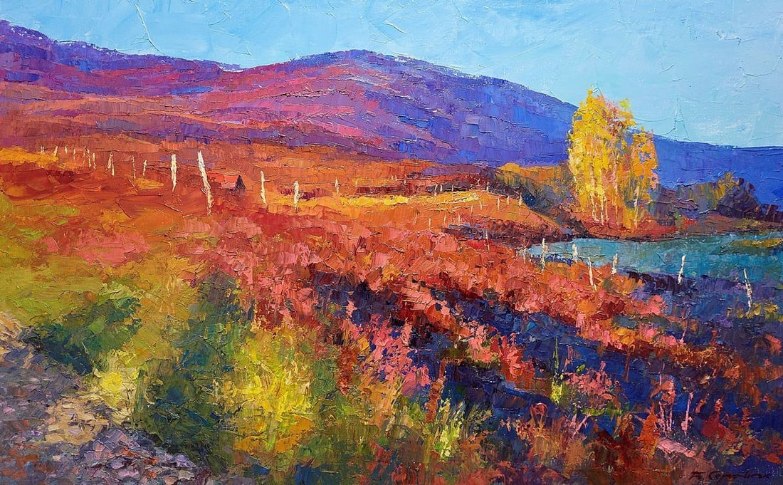 Oil painting Autumn Transcarpathia Boris Serdyuk: NoSERB 1033The painting depicts an autumn landscape with bright and rich colors. The sky is painted in calm blue shades with light white and blue clouds, which creates the feeling of a clear autumn da