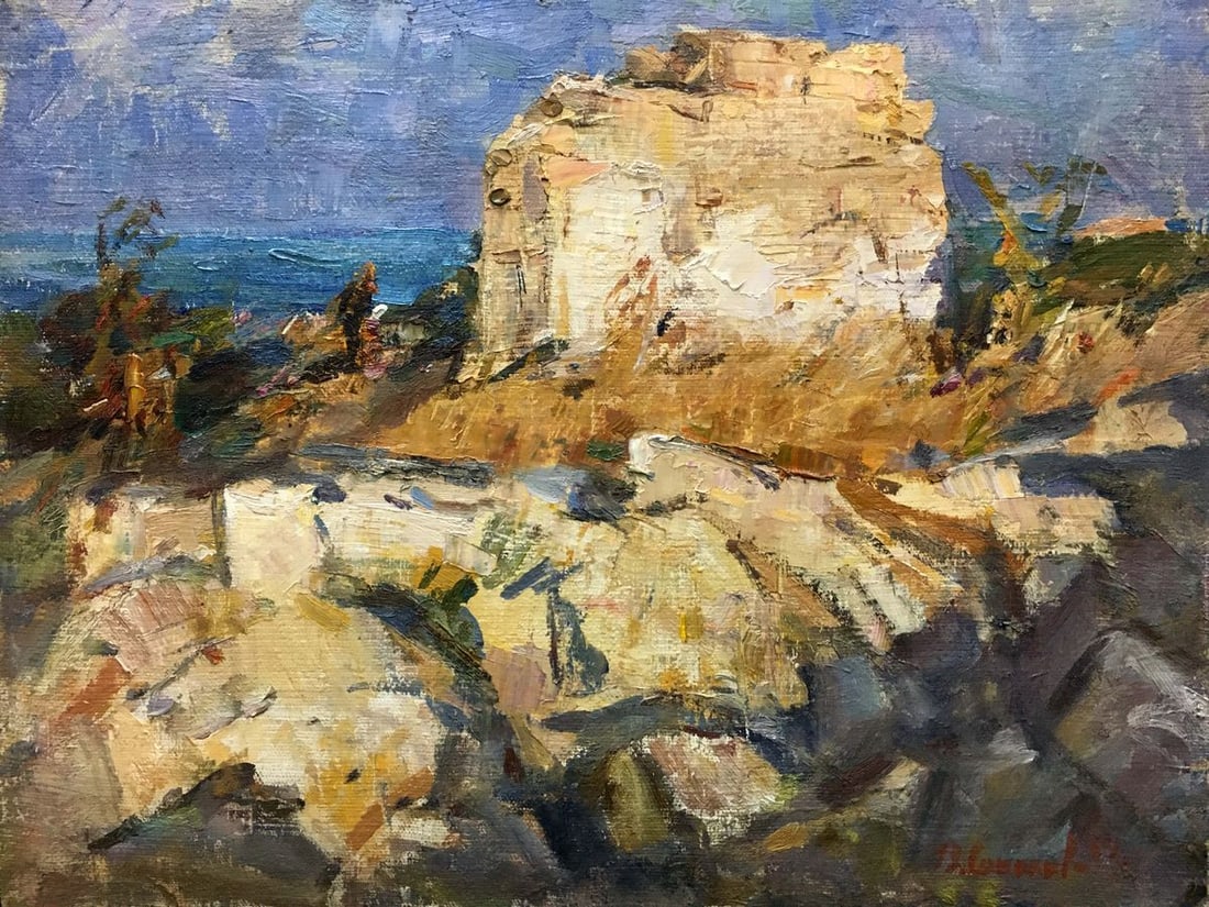 Oil painting Cliffs Sokolov Vladimir Alexandrovich: NoVern 412 *** ABOUT THIS PAINTING *** * TITLE: "Cliffs" * ARTISTS: Sokolov Vladimir Alexandrovich * SIZE: 38x50 cm/'14.96x19.68 inches' * MEDIUM: oil, cardboard * HAND PAINTED: Original painting from