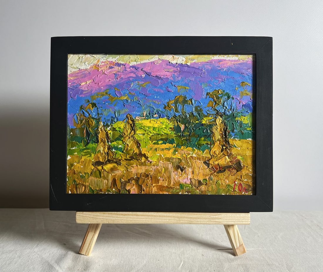 Oil painting Haystack and mountains Alex Kalenyuk: NoAAA3861This oil painting cardboard, titled "Haystack and mountains", the painting radiates warmth, depth, and a sense of peaceful solitude, inviting the viewer to experience the tranquility of natur