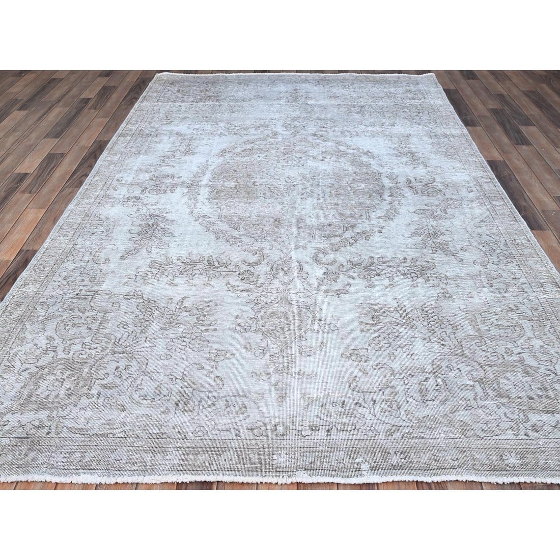 Cloud Gray White Wash Semi Antique Tabriz Cropped Thin Oriental Rug - 2
