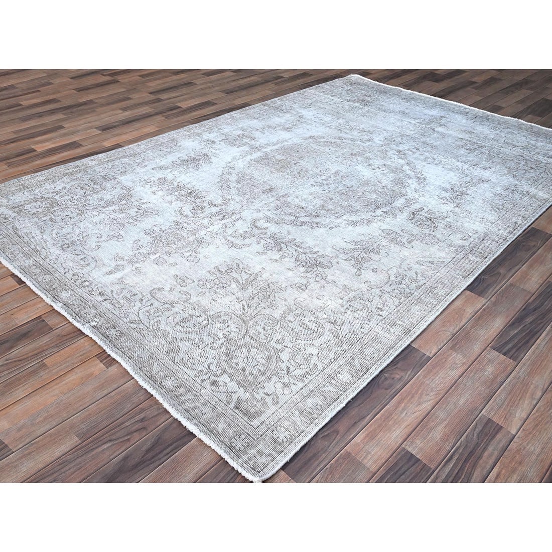 Cloud Gray White Wash Semi Antique Tabriz Cropped Thin Oriental Rug - 3